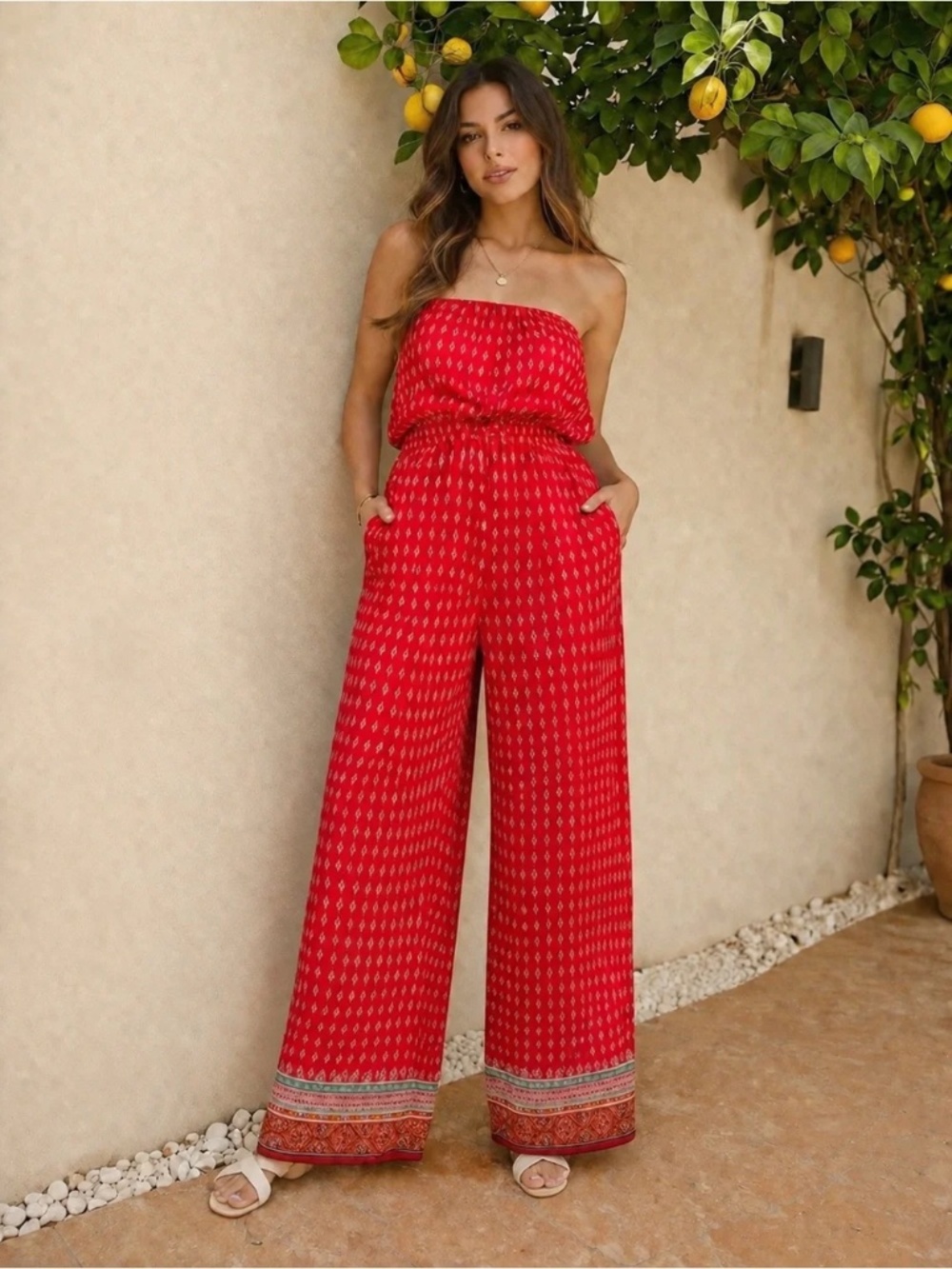 iris Red Strapless Wide-Leg Jumpsuit with Border Hem